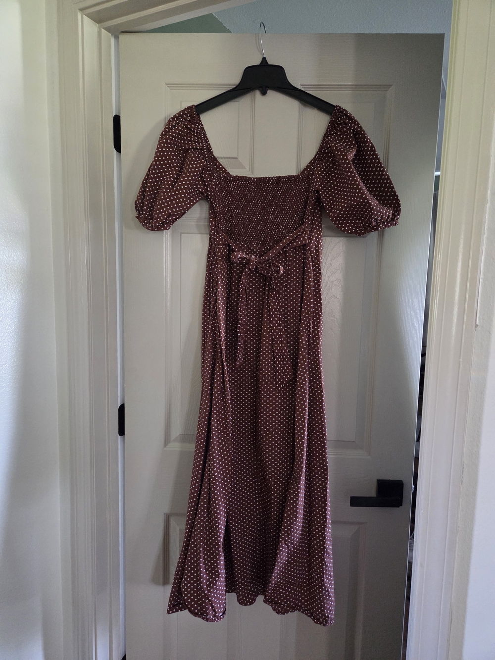 Faithfull the Brand Brown Polka Dot Midi Dress with Puff Sleeves